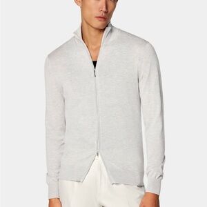 Suitsupply Light Grey Zip Cardigan Silk Wool Cashmere, Size Medium